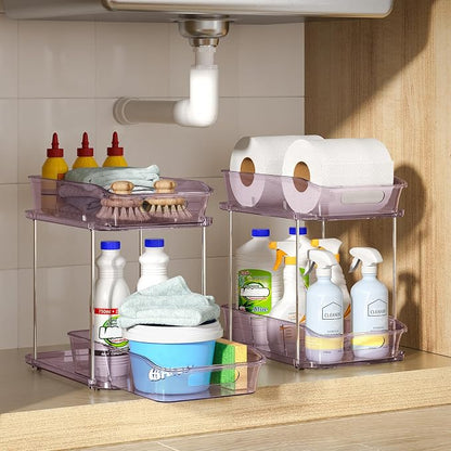 Delamu 2-Tier Under Sink Organizers and Storage, Multi-Purpose Stackable Bathroom Cabinet organizers, Pull Out Kitchen Pantry Organization and Storage with Dividers(2 Pack, Purple)