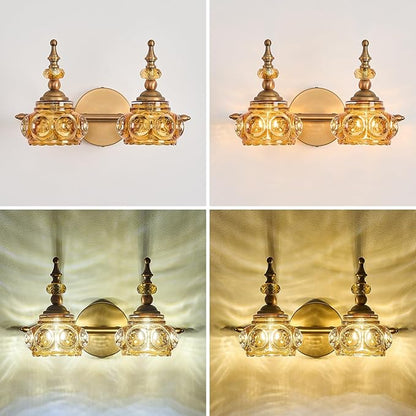 Vintage 2-Light Bathroom Lighting Amber Rose Vanity Light Fixtures Wall Sconce with Crystal Glass Shade Rust-Proof and Durable for Bedroom Living Room Hallway