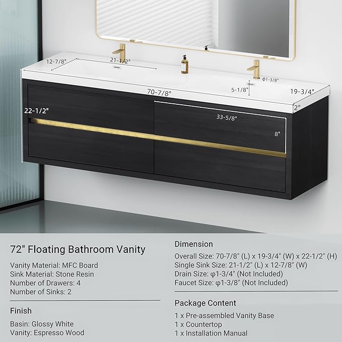 Abruzzo 72" Espresso Wood Wall-Mounted Bathroom Vanity with Double Sink – Stone Resin Countertop & Soft-Close Drawers, Waterproof Wood Cabinet for Bathrooms