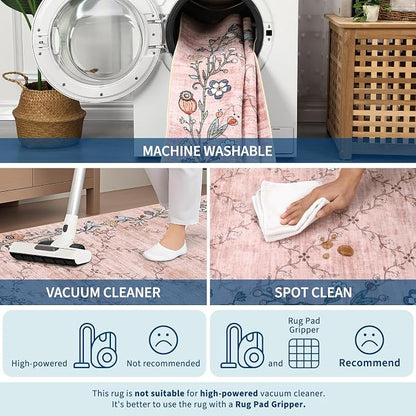 2x6 Modern Floral Area Rug Washable Runner Rug for Hallway Non Slip Low-Pile Stain Resistant Soft Non-Shedding Bathroom Rugs for Nursery Office Dining Room Entryway，Pink