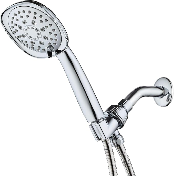 Luxury Square 6-setting High-Pressure Hand Shower. Extra-Long 72" Stainless Steel Hose, Bracket, Solid Brass Fittings, All-Chrome Finish. Premium Handheld Shower Head from Top American Manufacturer!