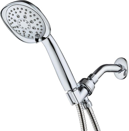 Luxury Square 6-setting High-Pressure Hand Shower. Extra-Long 72" Stainless Steel Hose, Bracket, Solid Brass Fittings, All-Chrome Finish. Premium Handheld Shower Head from Top American Manufacturer!