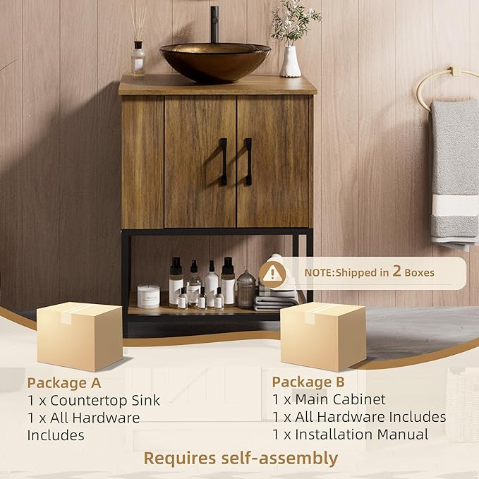 VNN Small Bathroom Vanity with Sink - 24 Inch Vanity with Sink, Freestanding Cabinet with Open Shelf, Modern Iron Wood Bathroom Cabinet with Countertop Tempered Glass Vessel, Oak
