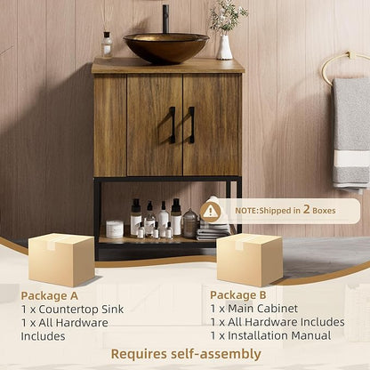 VNN Small Bathroom Vanity with Sink - 24 Inch Vanity with Sink, Freestanding Cabinet with Open Shelf, Modern Iron Wood Bathroom Cabinet with Countertop Tempered Glass Vessel, Oak