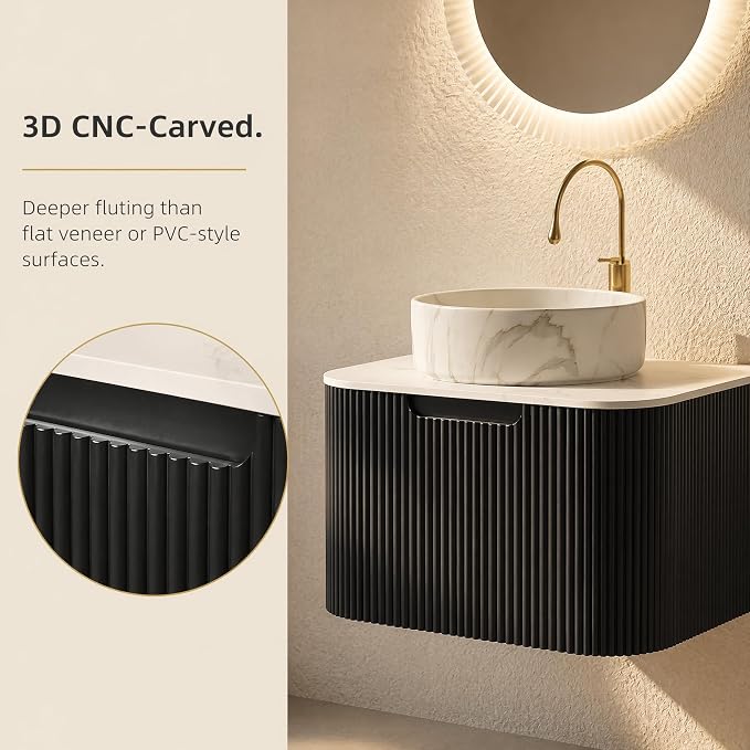 24 Inch Bathroom Vanity with Sink, Floating Wall Mounted Single Sink Vanity for Small Baths, Black Curved Fluted Front, Stone Top, Marble-Look Round Vessel Basin, Pre-Assembled