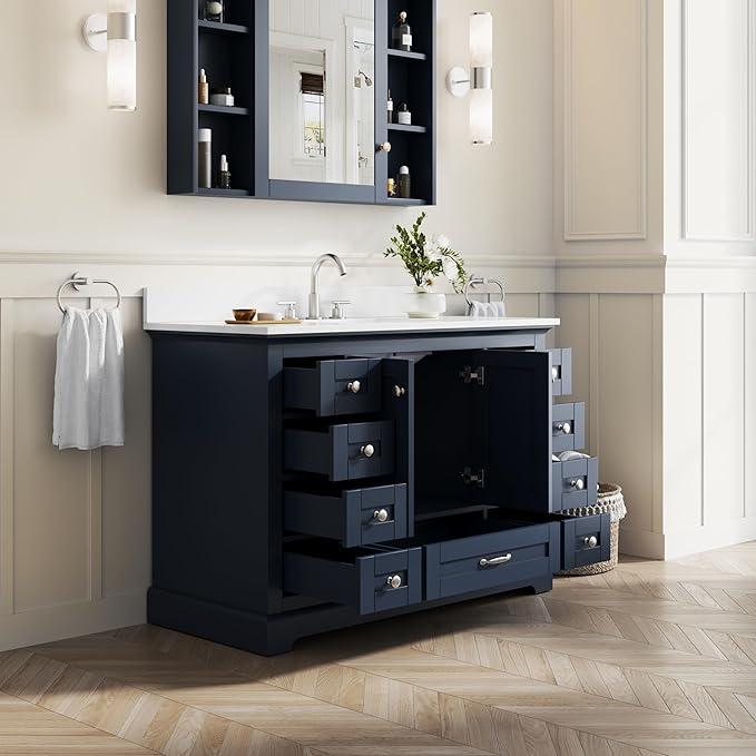 WELLFOR 48" Bathroom Vanity with Sink, Bathroom Freestanding Vanity W/ 2 Soft-Close Doors and 9 Soft-Close Drawers, Bathroom Cabinet Vanity with Cultured Marble Countertop (Navy Blue)