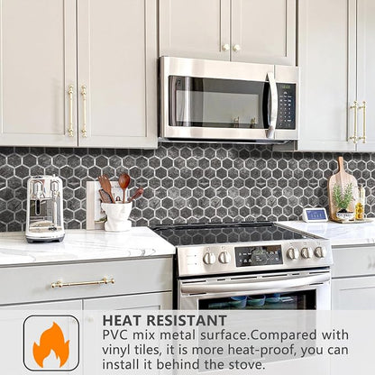 STICKGOO Hexagon Peel and Stick Backsplash Tile, Stick on Backsplash for Kitchen and Bathroom, Black Slate Look PVC Mixed Metal Silver Self Adhesive Wall Tiles(10 Sheets, Seamless)