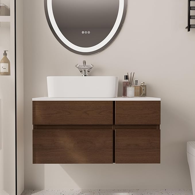 Bathroom Vanity Floating Bathroom Sink Cabinet with Ceramic Vessel Sink Wall Mounted Floating Vanity (Walnut, 31.5W)
