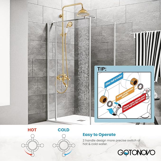 gotonovo Bathroom Exposed Shower Faucet Outdoor Shower System 8 Inch Rainfall Shower Head Set with Tub Spout and Handheld Spray Double Cross Handles Wall Mount without Shower Shelf Polished Gold