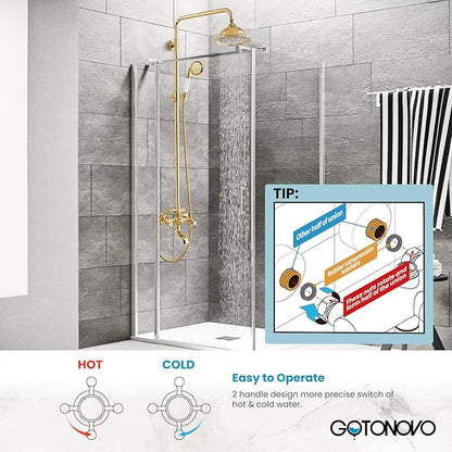 gotonovo Bathroom Exposed Shower Faucet Outdoor Shower System 8 Inch Rainfall Shower Head Set with Tub Spout and Handheld Spray Double Cross Handles Wall Mount without Shower Shelf Polished Gold
