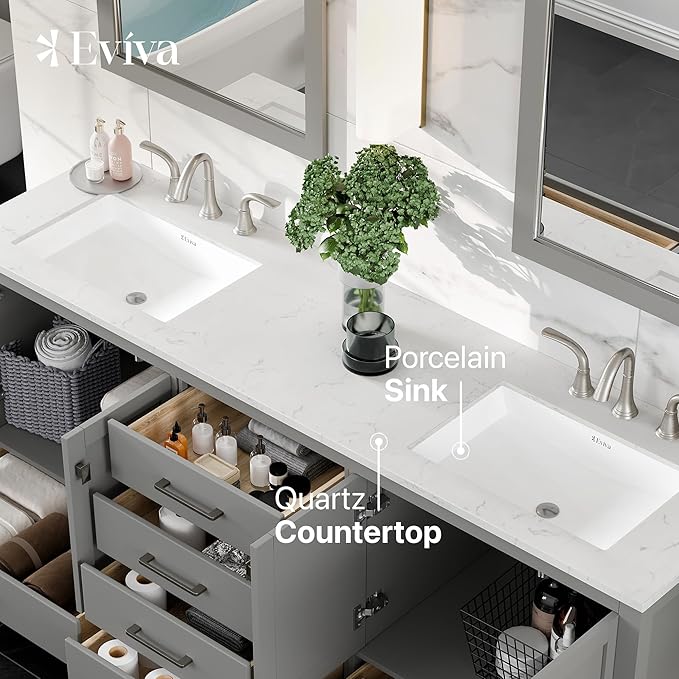 Eviva Aberdeen 78 inch Gray Transitional Double Sink Bathroom Vanity with White Carrara Quartz Countertop and Undermount Porcelain Sinks