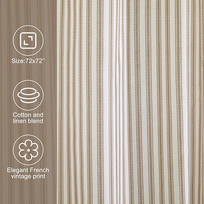 Stripe Cotton Toile Shower Curtain Ticking Stripes Woven Print Curtain Bathroom Decor for Traditional and Contemporary Style Kitchen Bath Home (Brown and White,72 x 72 Inches,Stripe)