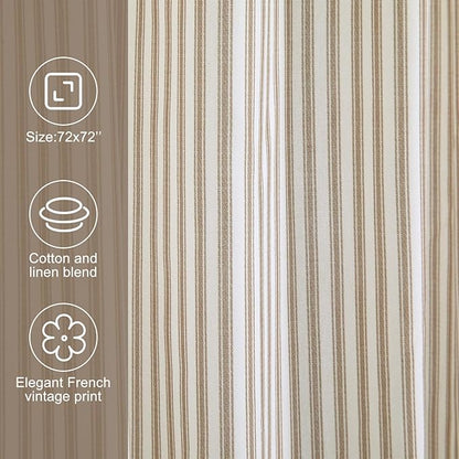 Stripe Cotton Toile Shower Curtain Ticking Stripes Woven Print Curtain Bathroom Decor for Traditional and Contemporary Style Kitchen Bath Home (Brown and White,72 x 72 Inches,Stripe)