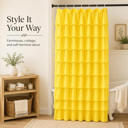 Yellow Shower Curtains for Bathroom, 36x72 Inch, Cascading Tiered Ruffles | Soft Ruffled Edge Detailing, 36 x 72, Delicate Ruched Microfiber Texture, 12 Hooks Included, Machine Washable, Bathroom Focal