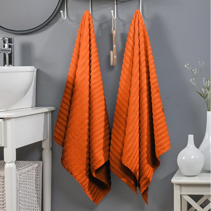 Elegant Comfort 100% Turkish Cotton Corduroy Ribbed Luxury Soft 2 Pack Bath Towels 27 x 54 Inch - Ultra Plush, Absorbent, Quick Dry, Hotel Spa Quality Towels for Bathroom Essentials, Orange