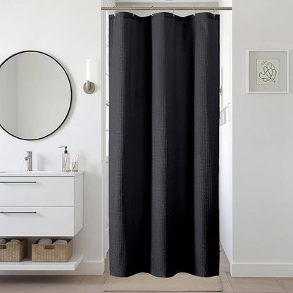 Black Stall Shower Curtain 36 x 72 Inch, Textured Soft Fabric Waffle Narrow Size Modern Shower Small Curtain for Bathroom Hotel, Machine Washable, Water Resistant, 36Wx72L Inches