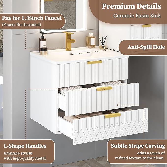 24 Inch Bathroom Vanity with Sink, Wall Mounted Bathroom Storage Cabinet with 2 Drawers, Floating Bathroom Vanities with Decor Line