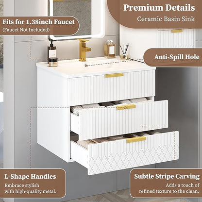 24 Inch Bathroom Vanity with Sink, Wall Mounted Bathroom Storage Cabinet with 2 Drawers, Floating Bathroom Vanities with Decor Line