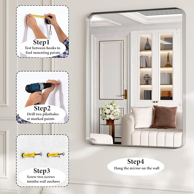30x36 Inch Silver Metal Framed Bathroom Mirror for Wall, HD Tempered Glass | Vanity Mirror for Over Sink, Anti-Rust Aluminum Alloy Mirror, Farmhouse, Horizontally or Vertically Hanging