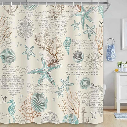 Nautical Coastal Beach Shower Curtain, Coral Starfish Seashell Ocean Bathroom Curtains, Fun Kids Bathroom Shower Curtain with Hooks Set 72 x 72 Inch