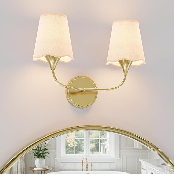 Morauroral Bathroom Light Fixtures Over Mirror, 2 Light Vanity Lights for Bathroom, Gold Vanity Lighting Fixtures with Fabric Linen Shade, E26 Socket Modern Sconce Wall Decor (ETL Listed)