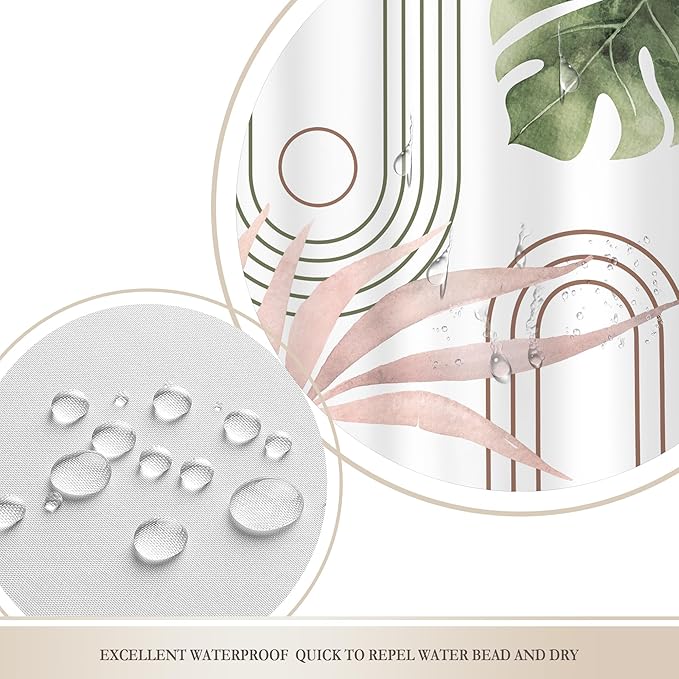 Glawry Abstract Tropical Shower Curtain Chic Boho Plant Palm Leaf Watercolor Pink Green Simple Minimalist Bathroom Modern Botanical 72Wx72L Inches Bath Accessories Art Home Decor Fabric 12 Pack Hooks