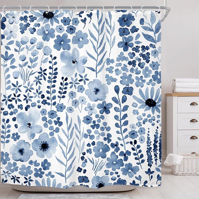 Navy Blue Floral Wildflower Watercolor Flower Bathroom Shower Curtain Set | 72"W x 72"H Leaves Botanical; waterproof HD print, quick-dry fabric with 12 hooks for easy hanging.