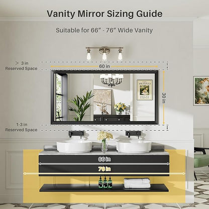 60x30 Inch Black Bathroom Mirror for Wall, Thick Metal Framed Rectangle Mirrors for Over Sink, Bedroom, Living Room, Entryway, Anti-Rust, HD Tempered Glass