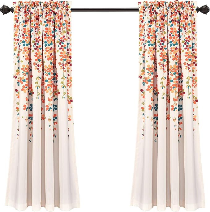 Lush Decor Weeping Flower Light Filtering Window Curtain Panels, Pair, 52"W x 63"L + 2" Header, Turquoise & Tangerine - Charming Modern Floral Curtains for Living Room, Dining Room, & Bedroom