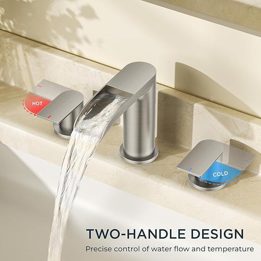 FORIOUS Bathroom Faucets 3 Hole, Waterfall Bathroom Sink Faucet with Pop-Up Drain & Water Supply, Brushed Nickel 8 Inch Widespread for Restroom, Vanity, Commercial Lavatory
