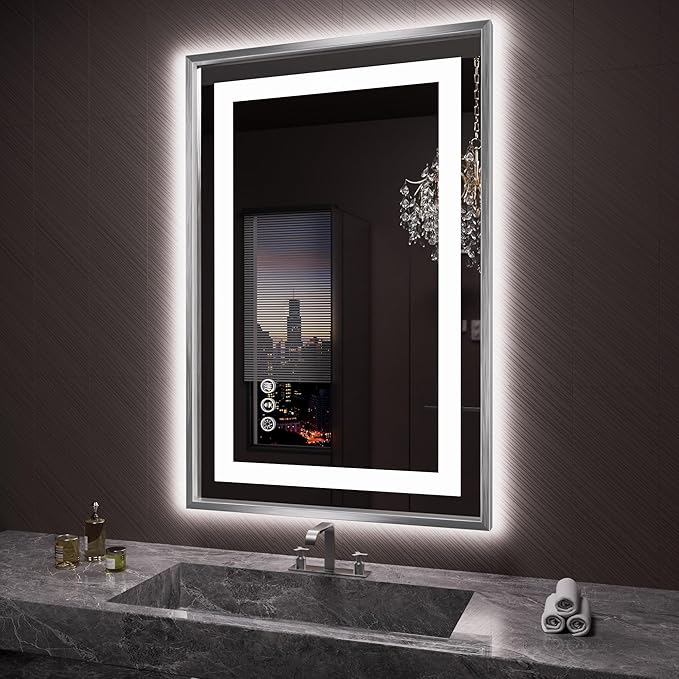 LED Bathroom Mirror 24"X36", Front Light and Backlit(Brushed Silver) | Metal Framed Mirror, Stepless Dimmable, Anti-Fog, HD Reflection, Shatter-Proof, Memory, 3 Colors, Double LED Vanity Mirror.