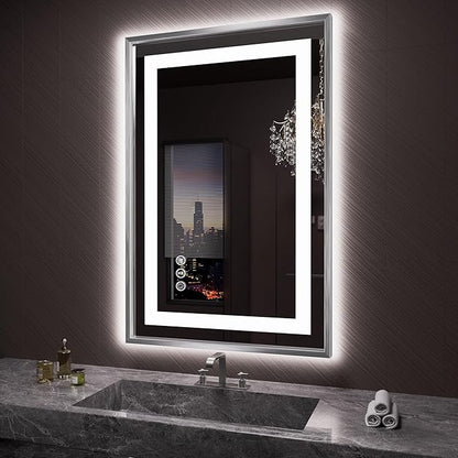 LED Bathroom Mirror 24"X36", Front Light and Backlit(Brushed Silver) | Metal Framed Mirror, Stepless Dimmable, Anti-Fog, HD Reflection, Shatter-Proof, Memory, 3 Colors, Double LED Vanity Mirror.