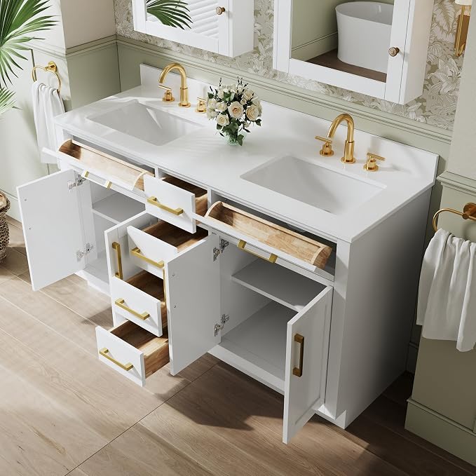 60-Inch Bathroom Vanity with Double Sinks W/ 4 Doors & 4 Drawers & 2 Flip Drawers, White Vanity W/Brushed Gold Handles