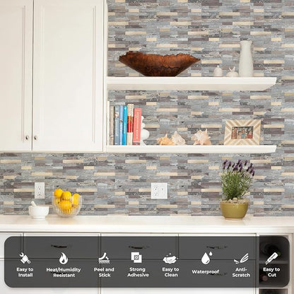 STICKGOO Peel and Stick Backsplash, PVC Wall Tiles Stick on Backsplash for Kitchen(10 Sheets, Distressed Wood with Metal Gold)