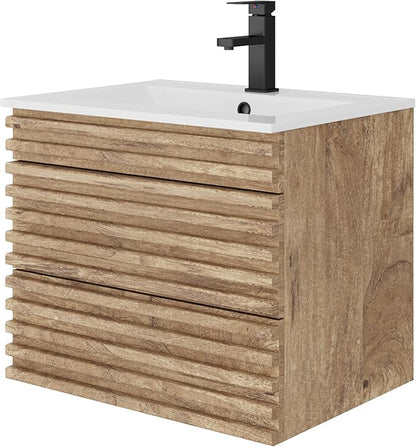 LUCKWIND 24" Floating Bathroom Vanity with Sink, Mid-Century Wall Mounted Big Drawer Cabinet with Ceramic Sink, Water Saving Faucet and Wood Stripes Style, Oak