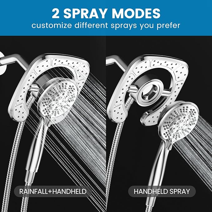 High Pressure Shower Heads, 7.2Inch 2 in 1 Rainfall Shower head & Handheld Showers with Magnetic Docking System, Ten-Function Handheld Shower Head with 59" Rotatable Stainless Steel Hose (Chrome)