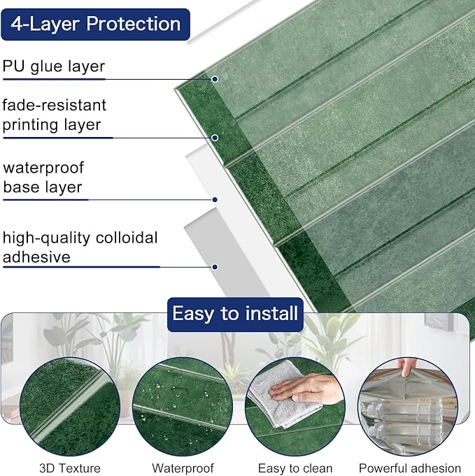 MORCART 2026 New Peel and Stick Backsplash, 20PCS 11.8"x11.8", Forest Green | 3D Adhesive Waterproof Wall Tiles for Kitchen, Bathroom, Living Room, Laundry Room, Subway Tiles
