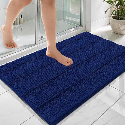 OLANLY Thick Bathroom Rugs 36x24, Soft Chenille Striped Bath Rugs, Navy | Rubber Backing, Machine Wash, Extra Absorbent Bath Mats for Bathroom Floor, Tub and Shower, Home Decor Accessories