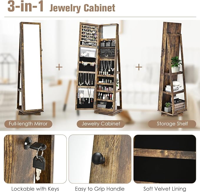 LOKO 360° Rotating Jewelry Armoire, Freestanding Jewelry Cabinet with Inside Makeup Mirror, 2-in-1 Lockable Jewelry Organizer w/Full-Length Mirror for Women (Rustic Brown)