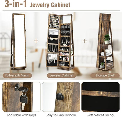 LOKO 360° Rotating Jewelry Armoire, Freestanding Jewelry Cabinet with Inside Makeup Mirror, 2-in-1 Lockable Jewelry Organizer w/Full-Length Mirror for Women (Rustic Brown)