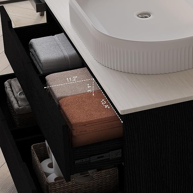 36 inch Bathroom Vanity with Sink and Countertop, Modern Freestanding Bathroom Vanity Cabinet with Oval Ceramic Vessel Sink, 4 Soft Closing Drawers, Adjustable Metal Legs, 2-in-1 Installation, Black
