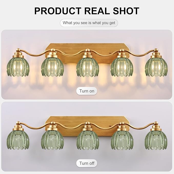 Gold Vanity Light, Vintage Tulip Green Glass Shade, Antique Brass Finish | 5 Light Brushed Gold Bathroom Light Fixtures, Crystal Wall Sconce, Mounted Over Mirror for Bedroom Hallway, Easy to Install