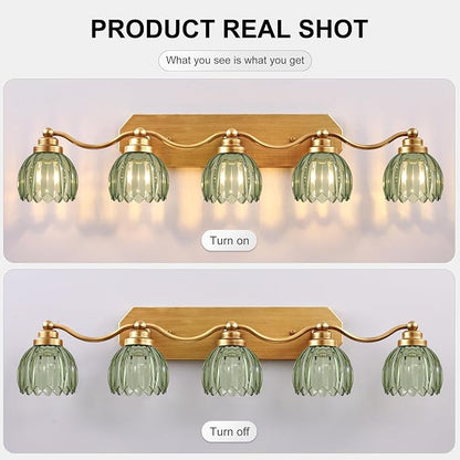 Gold Vanity Light, Vintage Tulip Green Glass Shade, Antique Brass Finish | 5 Light Brushed Gold Bathroom Light Fixtures, Crystal Wall Sconce, Mounted Over Mirror for Bedroom Hallway, Easy to Install