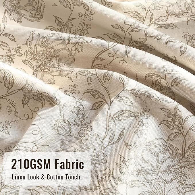 Farmhouse Beige Floral Shower Curtain with 12 Clear Rings 72"W x 72"L | Boho Fabric Faux Linen Shower Curtain Set, Vintage Cottagecore Shower Curtain for Bathroom