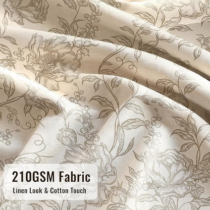 Farmhouse Beige Floral Shower Curtain with 12 Clear Rings 72"W x 84"L | Boho Fabric Faux Linen Shower Curtain Set, Vintage Cottagecore Shower Curtain for Bathroom