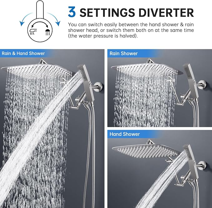 G-Promise All Metal 14 Inches Rainfall Shower Head with Handheld Combo | All Metal, Built to Last, Easy Install, Adjustable Height & Angle for All Heights, Extra Long Hose, Modern Upgrade