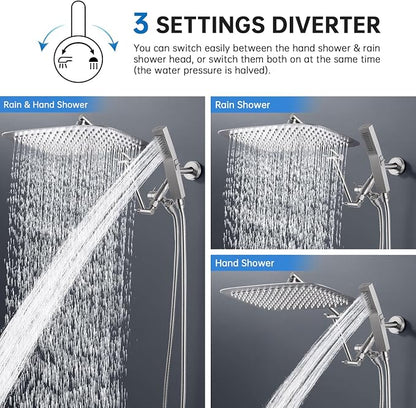 G-Promise All Metal 14 Inches Rainfall Shower Head with Handheld Combo | All Metal, Built to Last, Easy Install, Adjustable Height & Angle for All Heights, Extra Long Hose, Modern Upgrade