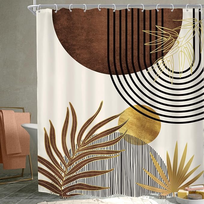 Mid Century Brown Boho Abstract Modern Beige Bathroom Shower Curtain Set | 72Wx84H Gold Geometric design, waterproof HD print with fast-drying fabric and 12 hooks.