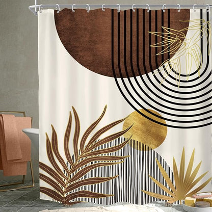 Mid Century Brown Boho Abstract Modern Beige Bathroom Shower Curtain Set | 72Wx84H Gold Geometric design, waterproof HD print with fast-drying fabric and 12 hooks.