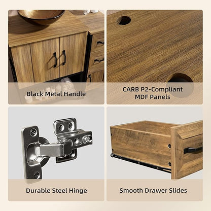 VNN Bathroom Vanity with Sink - 36 Inch Bathroom Vanity with Sink, Open Shelves and 3 Storage Drawers Side Cabinet, Modern Iron Wood Cabinet with Countertop Tempered Glass Vessel, Oak